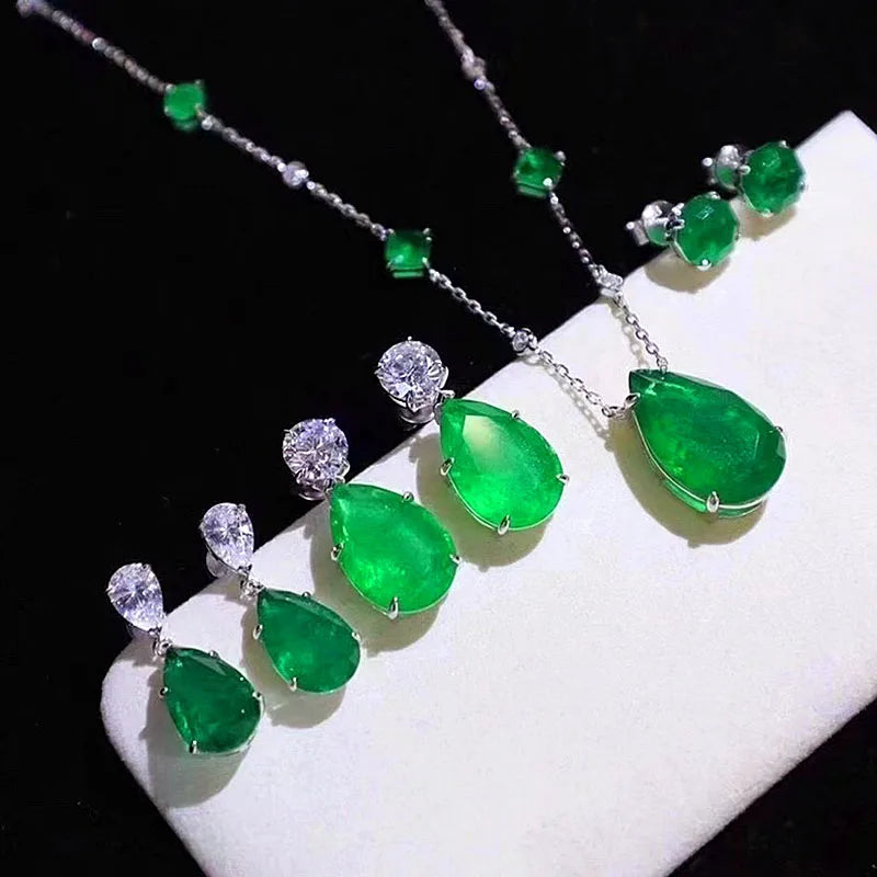 ZOCA Paraiba Tourmaline Emerald Lab Big Stone Earrings 925 Sterling Silver Jewelry Set Gift Women Water Drop Pendant Design