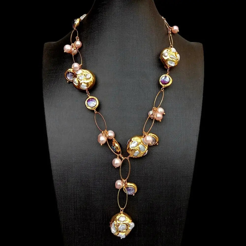 Y·YING Freshwater Cultured White Keshi Pearl Pink Pearl Purple Murano Glass Chain Pearl Y-Drop Necklace
